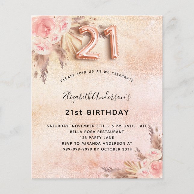 21st birthday pampas grass rose budget invitation flyer (Front)