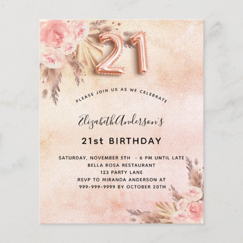 21st birthday pampas grass rose budget invitation flyer