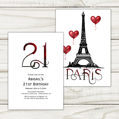 21st Birthday Paris Eiffel Tower Red Balloons Invitation