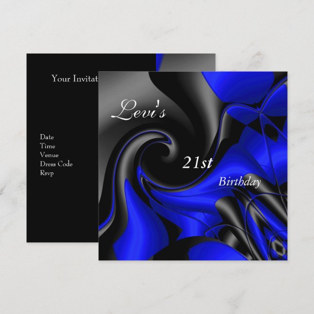 21st Birthday Party Abstract Black blue Mens Invitation (Front/Back)