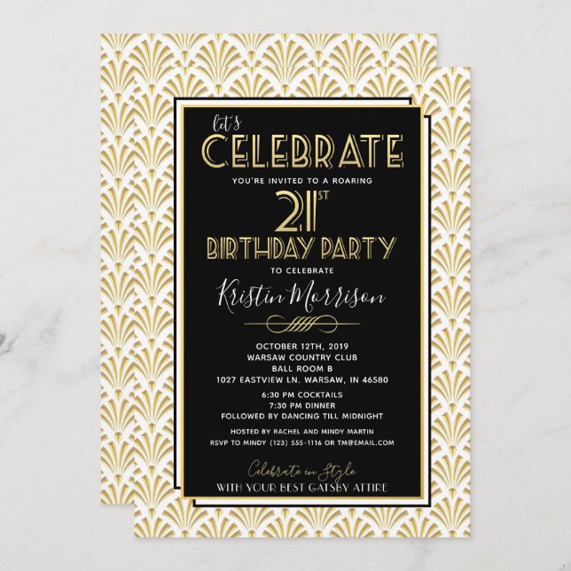 21st Birthday Party Art Deco Gatsby Roaring 1920s Invitation (Front/Back)