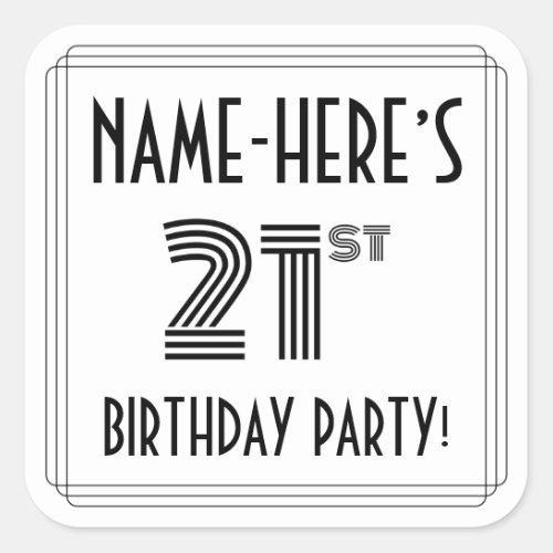 21st Birthday Party Art Deco Style  Custom Name Square Sticker