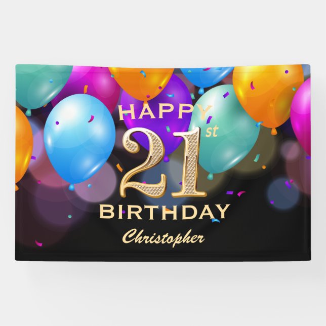 21st Birthday Party Black and Gold Balloons Banner (Horizontal)
