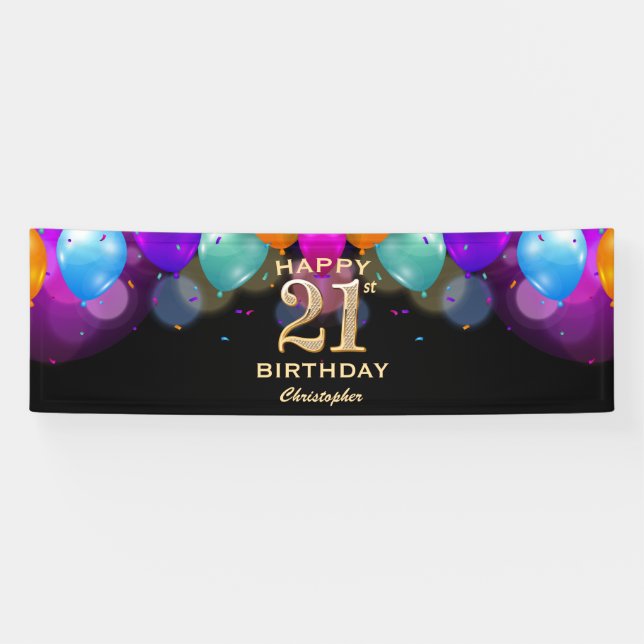 21st Birthday Party Black and Gold Balloons Banner (Horizontal)