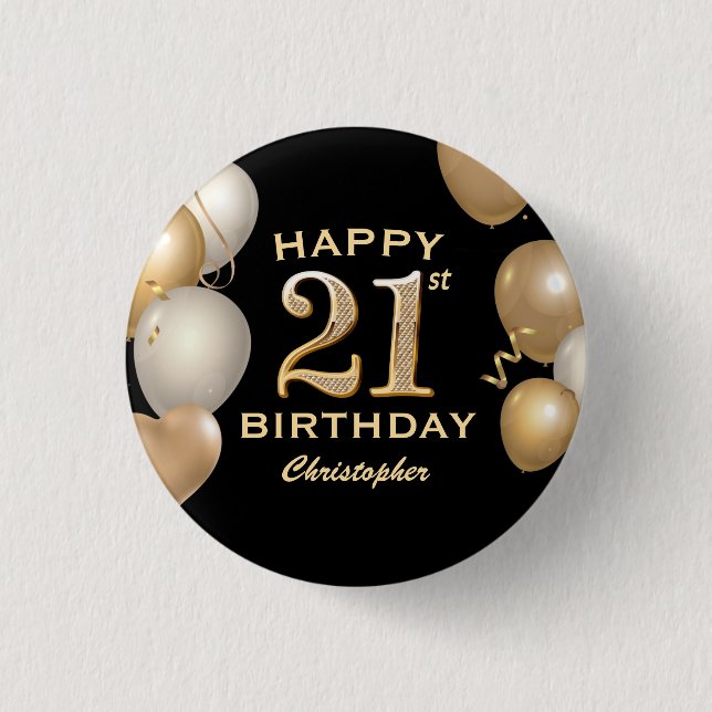 21st Birthday Party Black and Gold Balloons Button (Front)