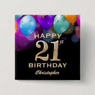21st Birthday Party Black and Gold Balloons Button