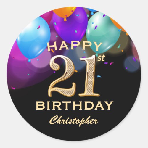 21st Birthday Party Black and Gold Balloons Classic Round Sticker