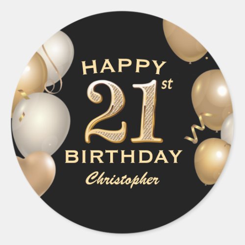 21st Birthday Party Black and Gold Balloons Classic Round Sticker