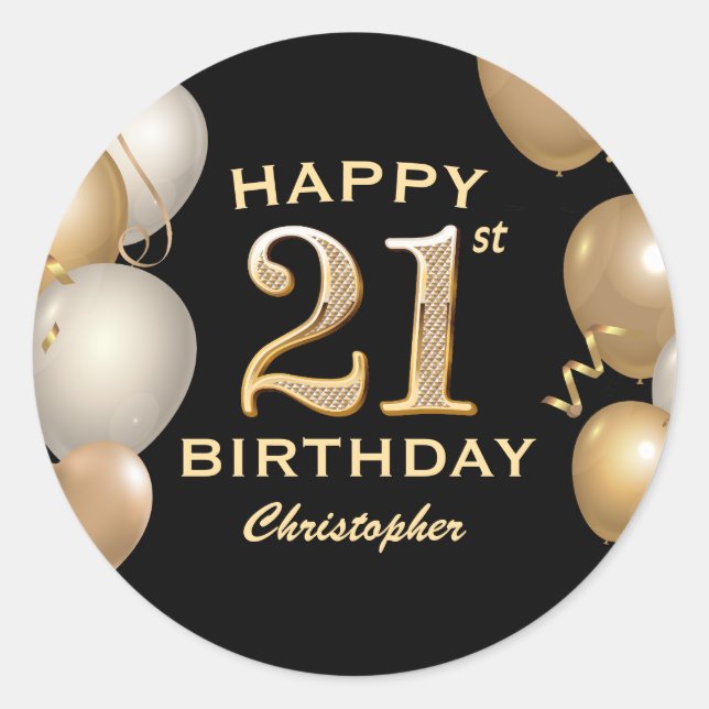 21st Birthday Party Black and Gold Balloons Classic Round Sticker (Front)