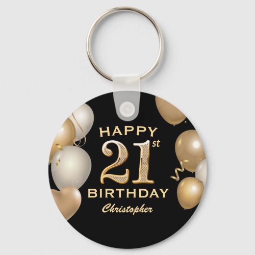 21st Birthday Party Black and Gold Balloons Keychain