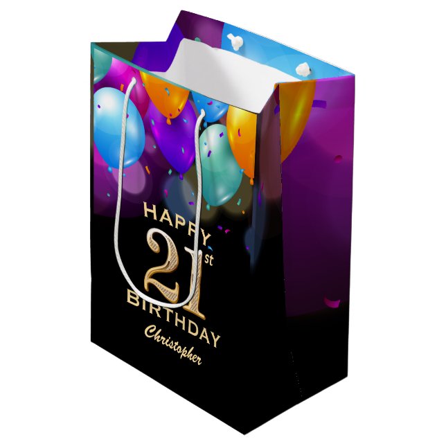 21st Birthday Party Black and Gold Balloons Medium Gift Bag (Front Angled)