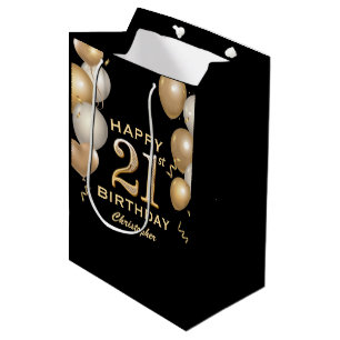 21st Birthday Party Black and Gold Balloons Medium Gift Bag