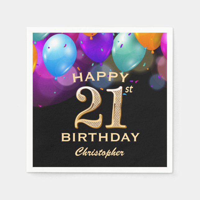 21st Birthday Party Black and Gold Balloons Napkins (Front)