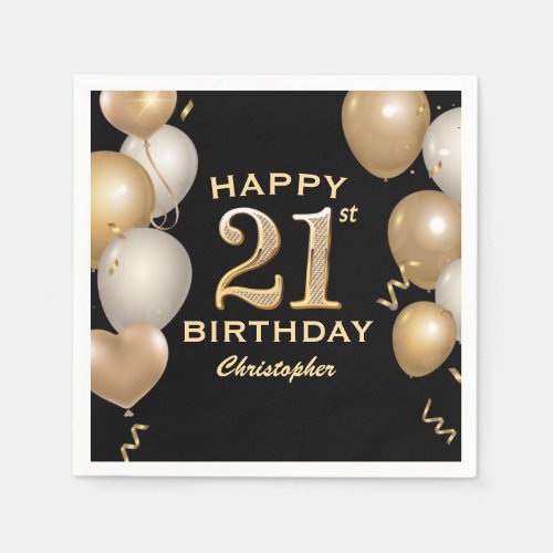 21st Birthday Party Black and Gold Balloons Napkins