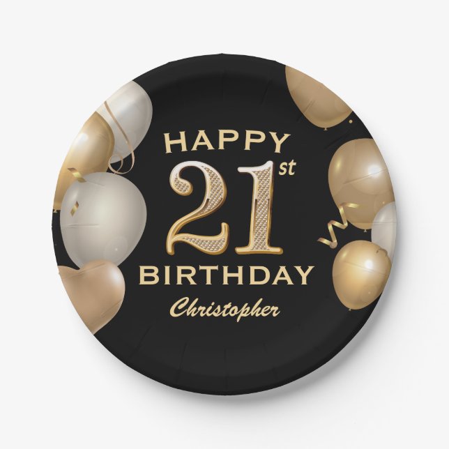 21st Birthday Party Black and Gold Balloons Paper Plates (Front)