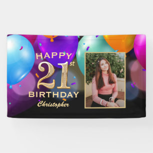 21st Birthday Party Black and Gold Balloons Photo Banner