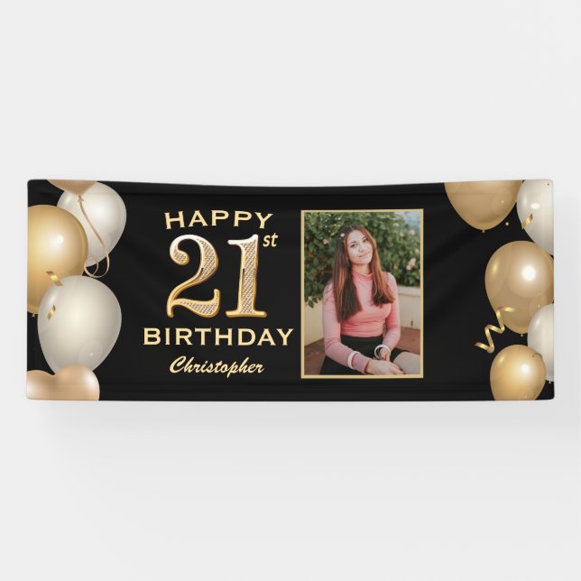 21st Birthday Party Black and Gold Balloons Photo Banner (Horizontal)