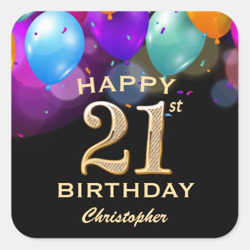 21st Birthday Party Black and Gold Balloons Square Sticker