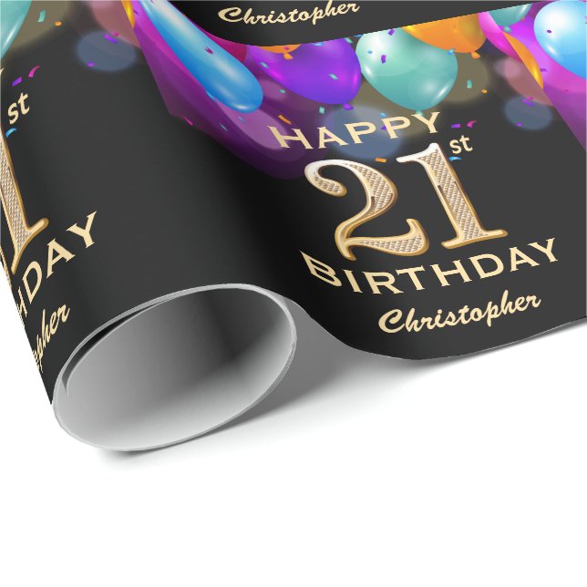 21st Birthday Party Black and Gold Balloons Wrapping Paper (Roll Corner)