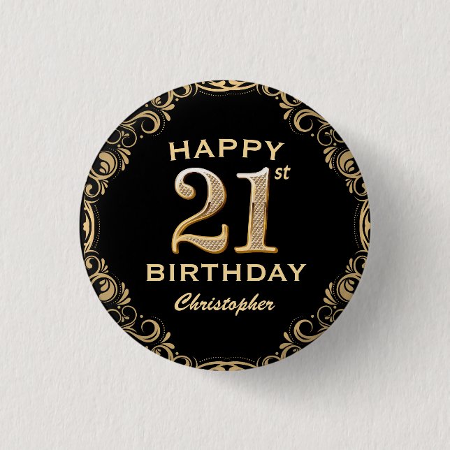 21st Birthday Party Black and Gold Glitter Frame Button (Front)