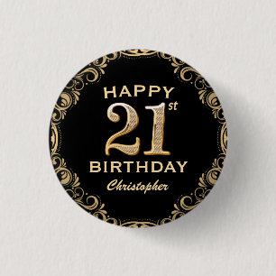 21st Birthday Party Black and Gold Glitter Frame Button