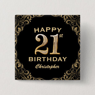 21st Birthday Party Black and Gold Glitter Frame Button