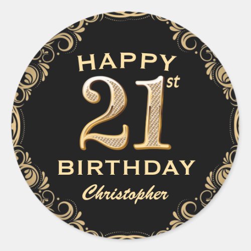 21st Birthday Party Black and Gold Glitter Frame Classic Round Sticker