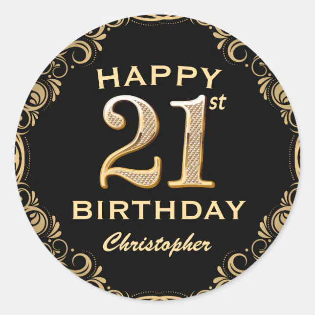 21st Birthday Party Black and Gold Glitter Frame Classic Round Sticker ...