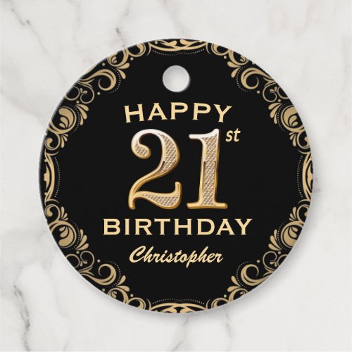 21st Birthday Party Black and Gold Glitter Frame Favor Tags