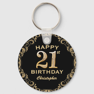 21st Birthday Party Black and Gold Glitter Frame Keychain