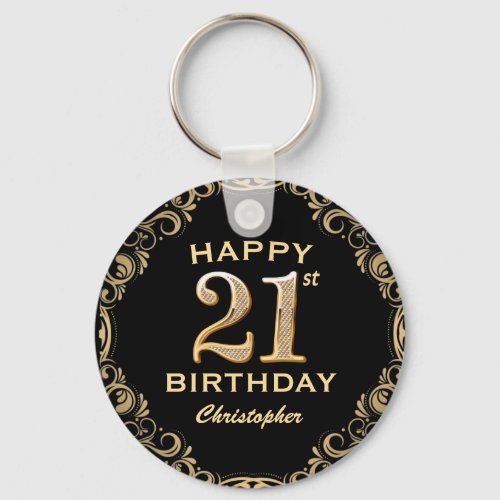 21st Birthday Party Black and Gold Glitter Frame Keychain