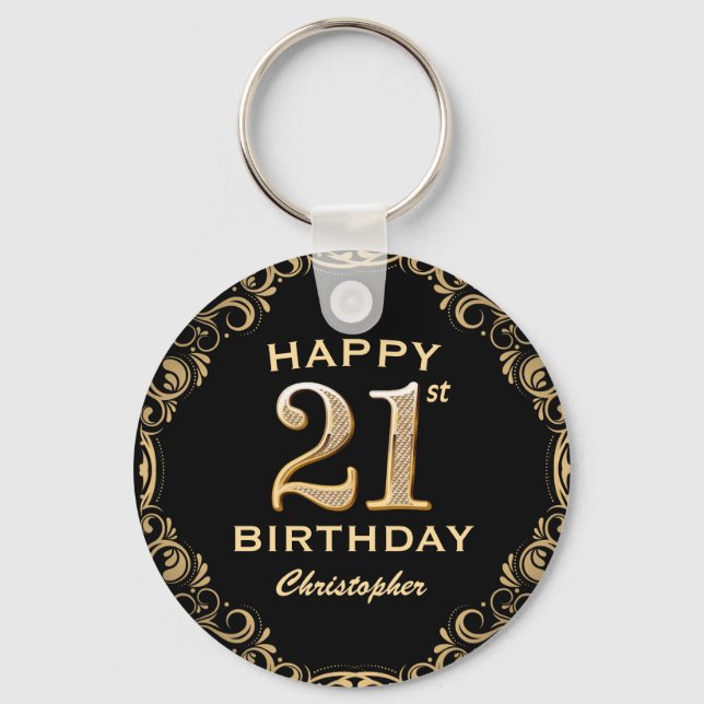 21st Birthday Party Black and Gold Glitter Frame Keychain (Front)