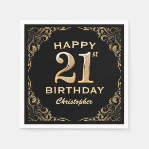 21st Birthday Party Black and Gold Glitter Frame Napkins