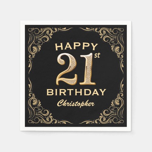 21st Birthday Party Black and Gold Glitter Frame Napkins