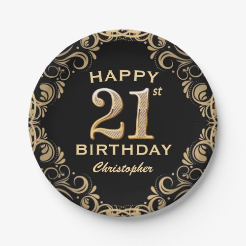 21st Birthday Party Black and Gold Glitter Frame Paper Plates