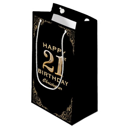 21st Birthday Party Black and Gold Glitter Frame Small Gift Bag