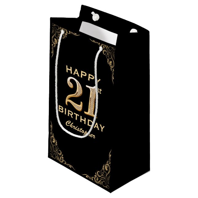 21st Birthday Party Black and Gold Glitter Frame Small Gift Bag (Front Angled)