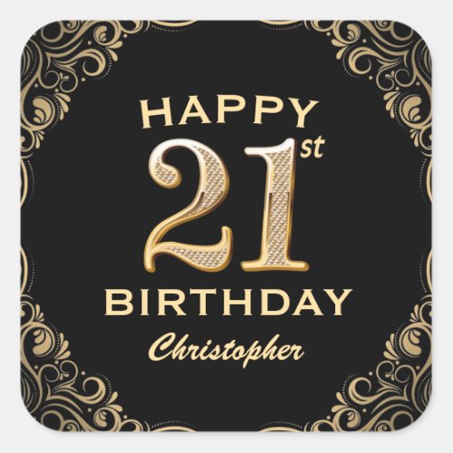 21st Birthday Party Black and Gold Glitter Frame Square Sticker