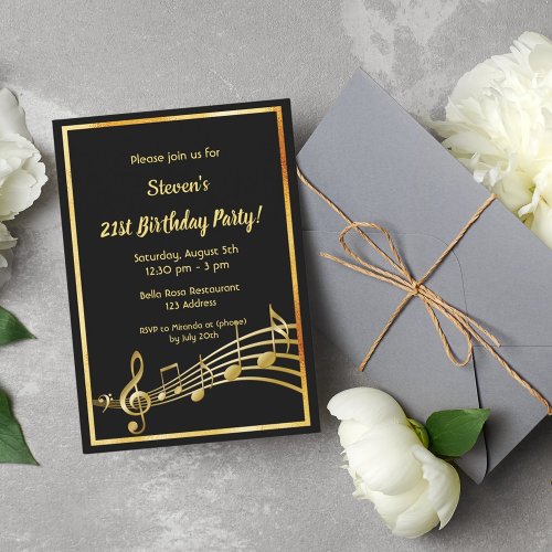 21st birthday party black and gold music notes invitation