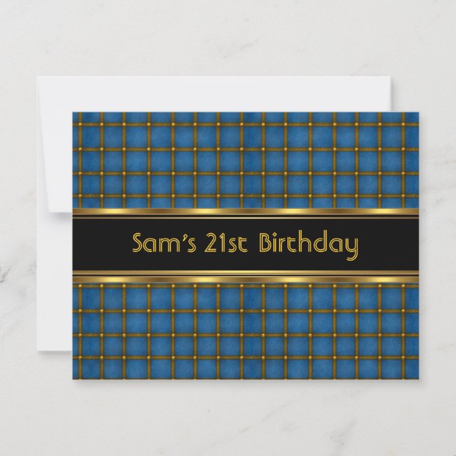 21st Birthday Party Black Blue Gold Mans Invitation (Front)
