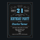 21st Birthday Party - Black Blue Invitation<br><div class="desc">21st Birthday Party Invitation.
Elegant black,  blue,  white retro design with chalkboard pattern and script font. Cheers to 21 years! Message me if you need further customization.</div>
