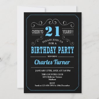 21st Birthday Party - Black Blue Invitation | Zazzle