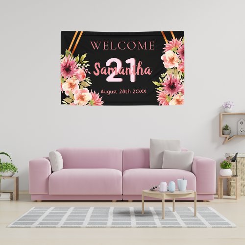 21st birthday party black blush pink florals  banner