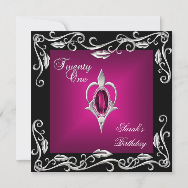 21st Birthday Party Black Bright Deep Pink 4a Invitation (Front)