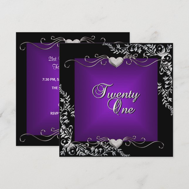 21st Birthday Party Black Bright Deep Purple Invitation (Front/Back)