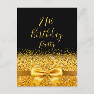 21st birthday party black gold bow invitation postcard