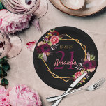 21st birthday party black gold geo floral burgundy paper plates<br><div class="desc">A plate for a 21st birthday party. A chic black background with a faux gold geometric frame. Decorated with dark purple and burgundy flowers, roses and boho style feathers. Templates for a name, age 21 and a date. Date of birth or the date of the party. The name is written...</div>
