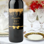 21st birthday party black gold glitter drip name wine label<br><div class="desc">Elegant,  classic,  glamorous and girly style birthday label. Faux gold colored ribbon and bow with faux gold glitter dripping.  Black background. With the text: 21st Birthday. Template for a name written with a modern hand lettered style script.</div>