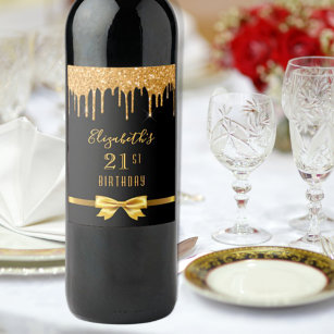 21st birthday party black gold glitter drip name wine label