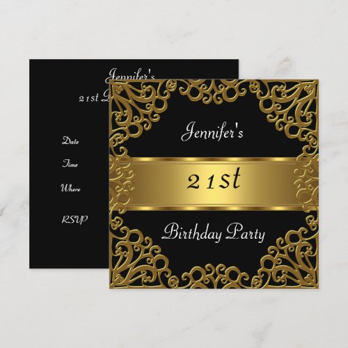 21st birthday Party Black Gold Personalized Invites
